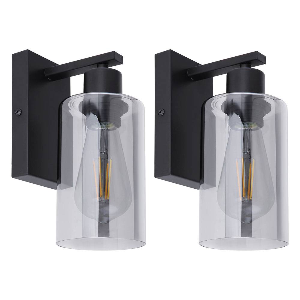 Wandleuchte Vintage Innen Wandlampe schwarz Industrial Wandspot rauchfarben, Retrostil Zylinder, Metall schwarz matt Glas, 1x E27 Fassung, HxBxÜ