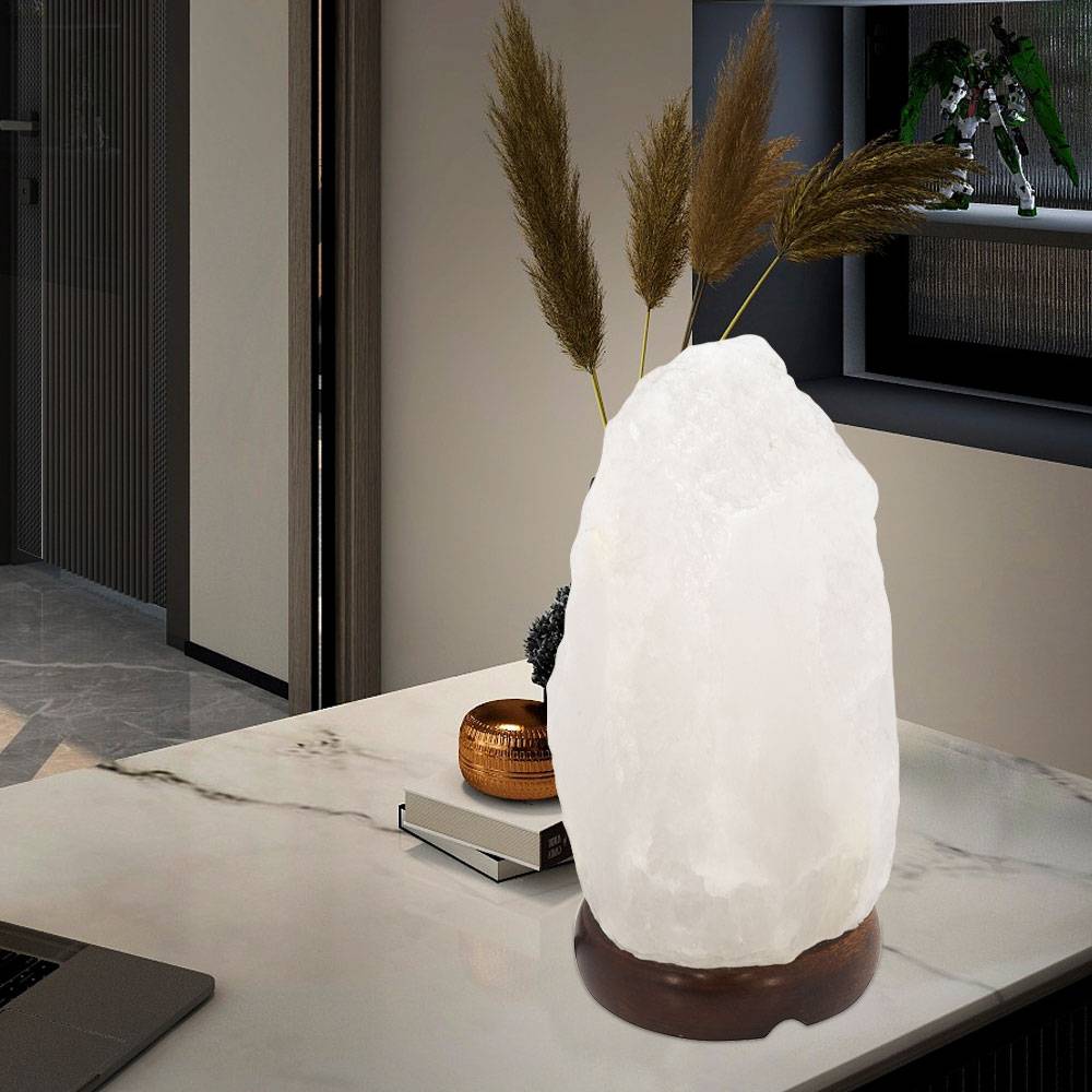 Salzlampe Steckdose Salzkristalllampe klein Tischleuchte, Holz dunkelbraun, weiß, 1x E14, DxH 12 x 19 cm