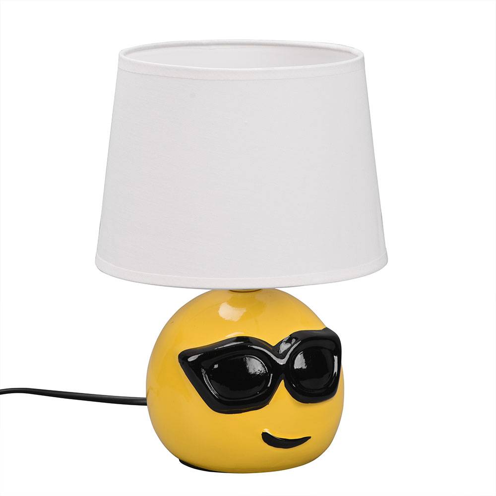 Nachttischlampe Keramik Tischlampe für Schlafzimmer Wohnzimmerlampe Tischlampe Modern, Emoji mit Sonnenbrille gelb, Textil weiß, 1x E14 Fassung, DxH