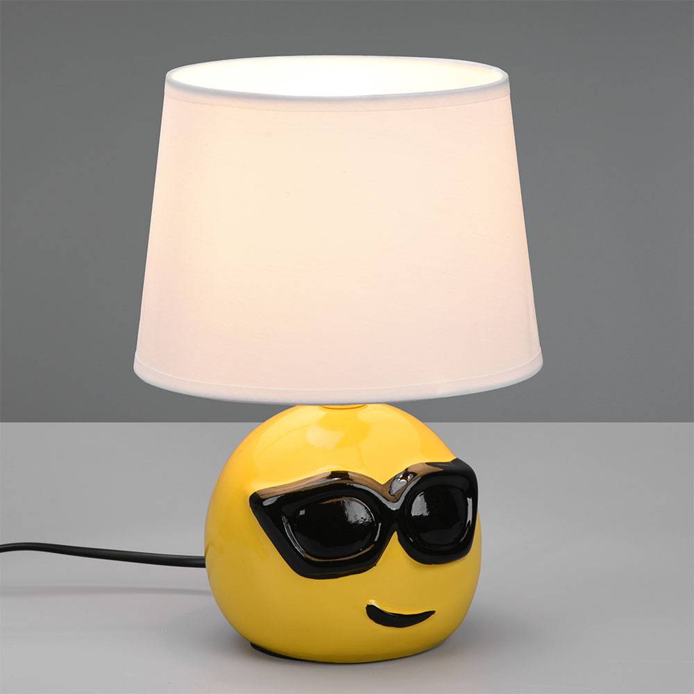 Nachttischlampe Keramik Tischlampe für Schlafzimmer Wohnzimmerlampe Tischlampe Modern, Emoji mit Sonnenbrille gelb, Textil weiß, 1x E14 Fassung, DxH