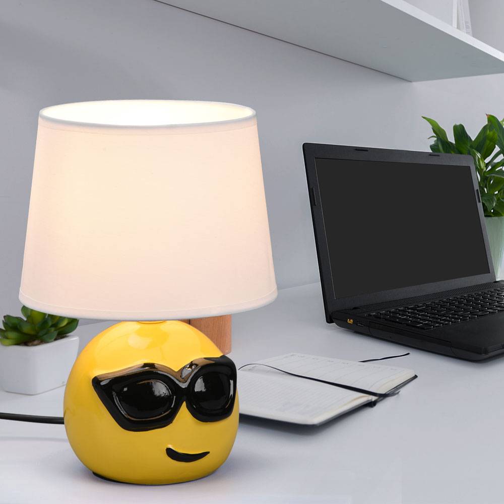 Nachttischlampe Keramik Tischlampe für Schlafzimmer Wohnzimmerlampe Tischlampe Modern, Emoji mit Sonnenbrille gelb, Textil weiß, 1x E14 Fassung, DxH
