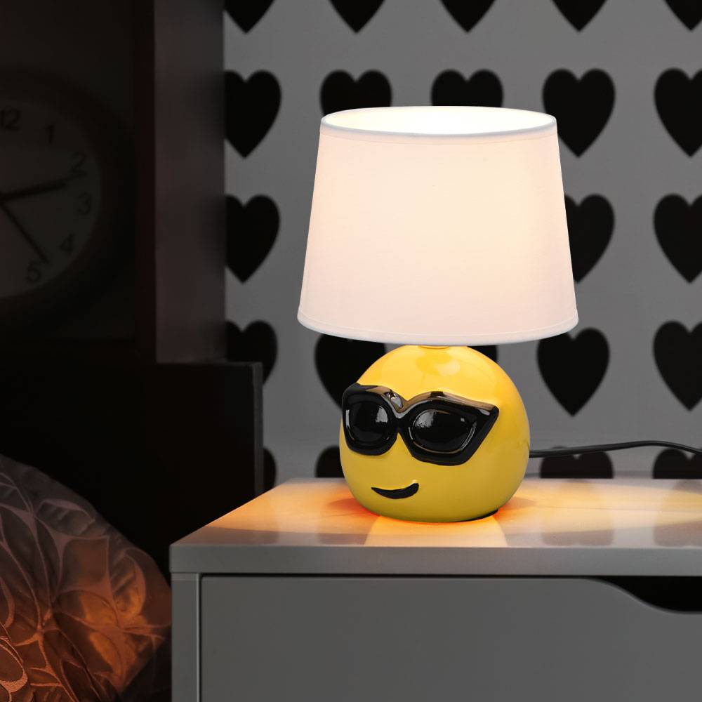 Nachttischlampe Keramik Tischlampe für Schlafzimmer Wohnzimmerlampe Tischlampe Modern, Emoji mit Sonnenbrille gelb, Textil weiß, 1x E14 Fassung, DxH