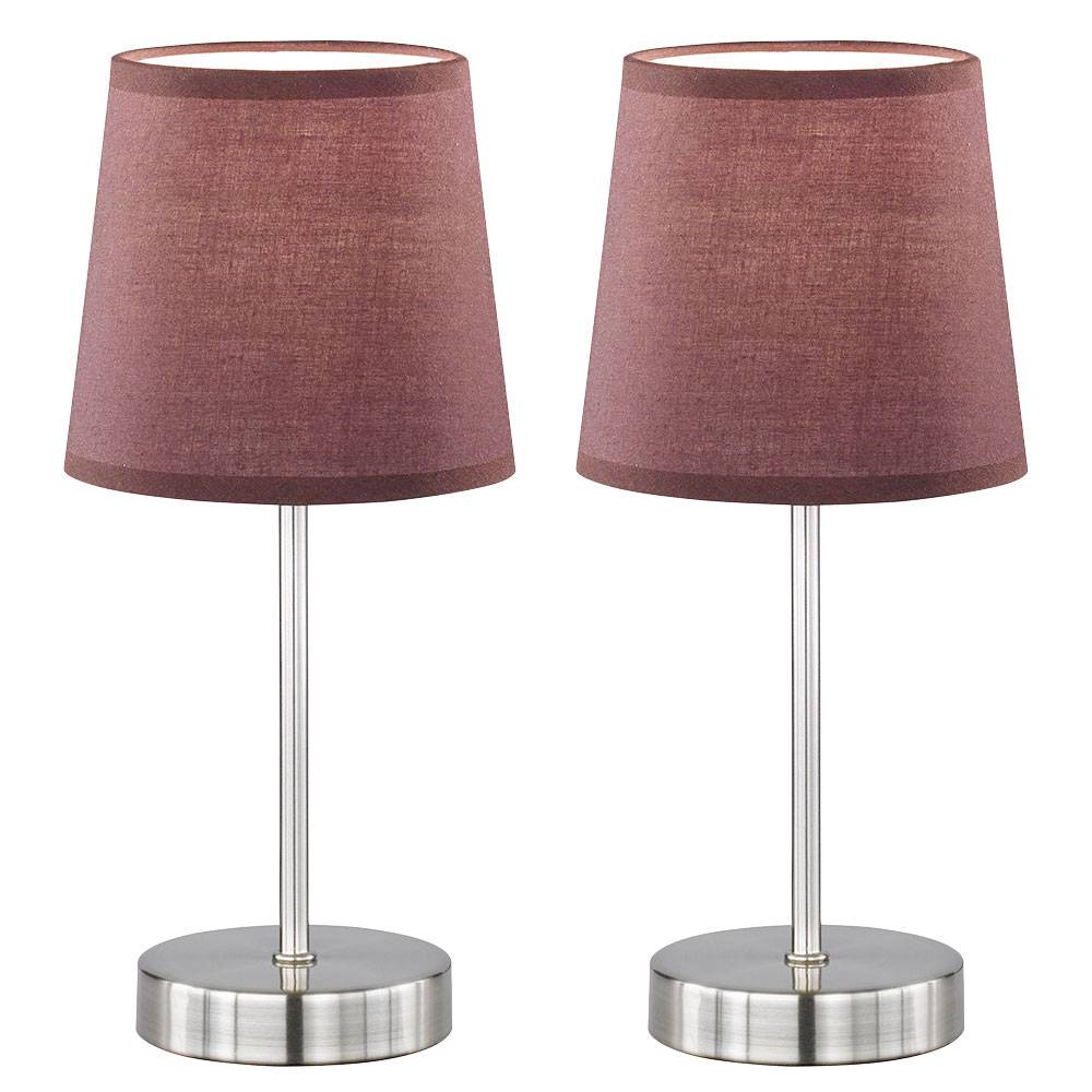 Tischleuchte Nachttischlampe Beistellleuchte Schreibtischlampe Schlafzimmer, Textil braun Metall nickel matt, 1x E14 Fassung, DxH 14,5x32 cm, 2er