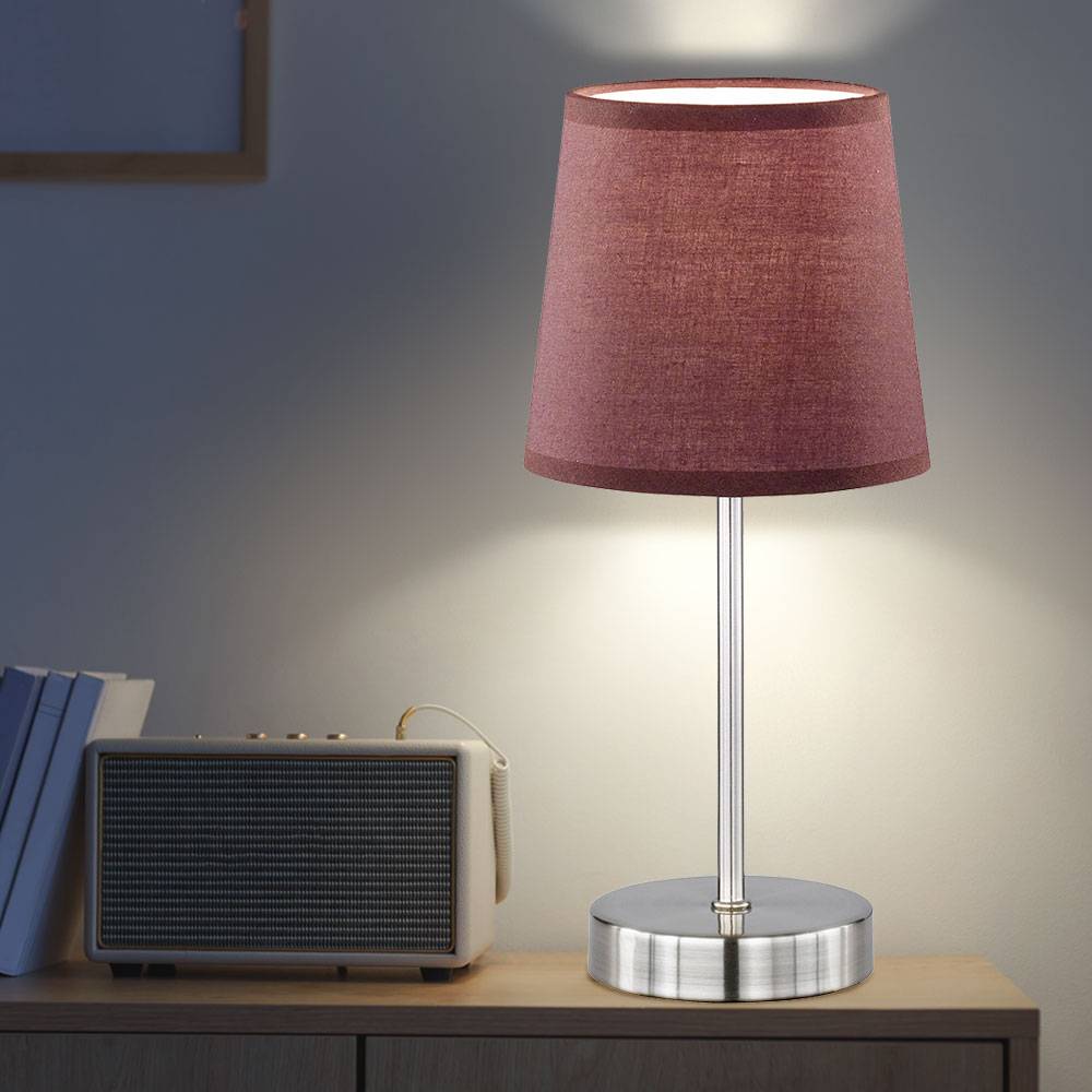 Tischleuchte Nachttischlampe Beistellleuchte Schreibtischlampe Schlafzimmer, Textil braun Metall nickel matt, 1x E14 Fassung, DxH 14,5x32 cm, 2er