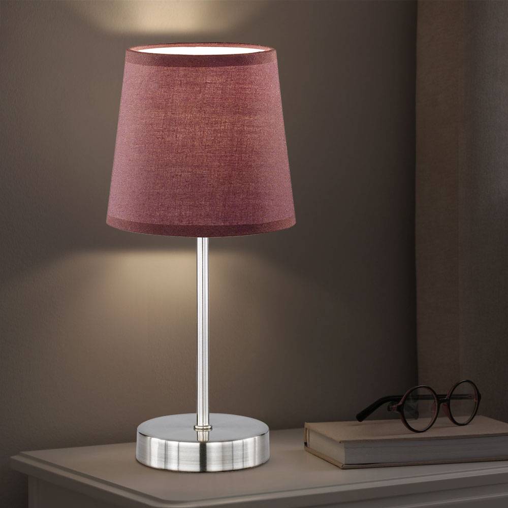 Tischleuchte Nachttischlampe Beistellleuchte Schreibtischlampe Schlafzimmer, Textil braun Metall nickel matt, 1x E14 Fassung, DxH 14,5x32 cm, 2er
