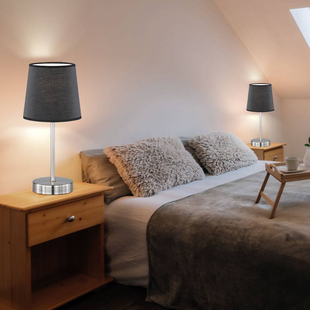 Tischleuchten Wohnzimmer Nachttischlampe Leselampe Tischlampe schwarz, Textil, Metall nickel matt, 1x E14,DxH 14x32 cm, 2er Set