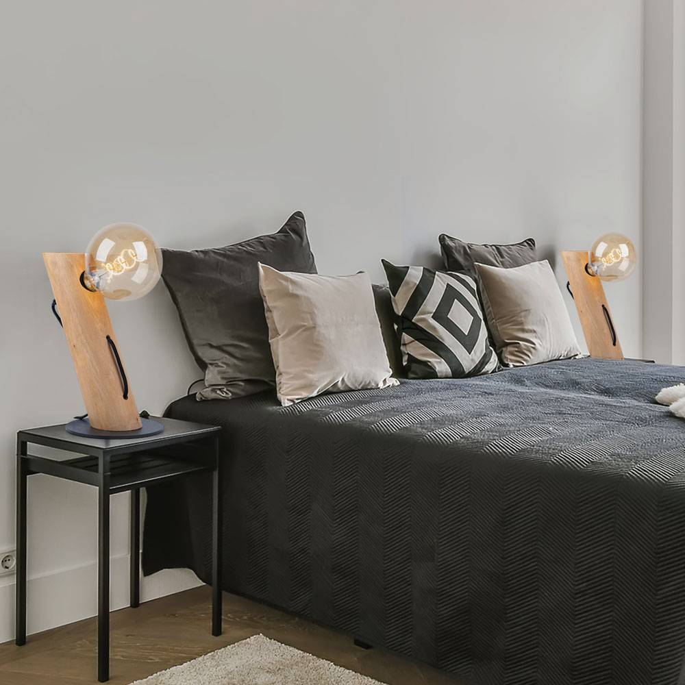 Tischlampe Wohnzimmer Holzleuchte Nachttischleuchten Nachttischlampe Landhaus, Kabelschalter, Metall Eukalyptus, 1x E27 Fassung, DxH 9x32 cm, 2er