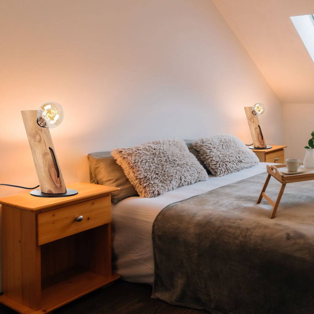 Tischlampe Wohnzimmer Holzleuchte Nachttischleuchten Nachttischlampe Landhaus, Kabelschalter, Metall Eukalyptus, 1x E27 Fassung, DxH 9x32 cm, 2er