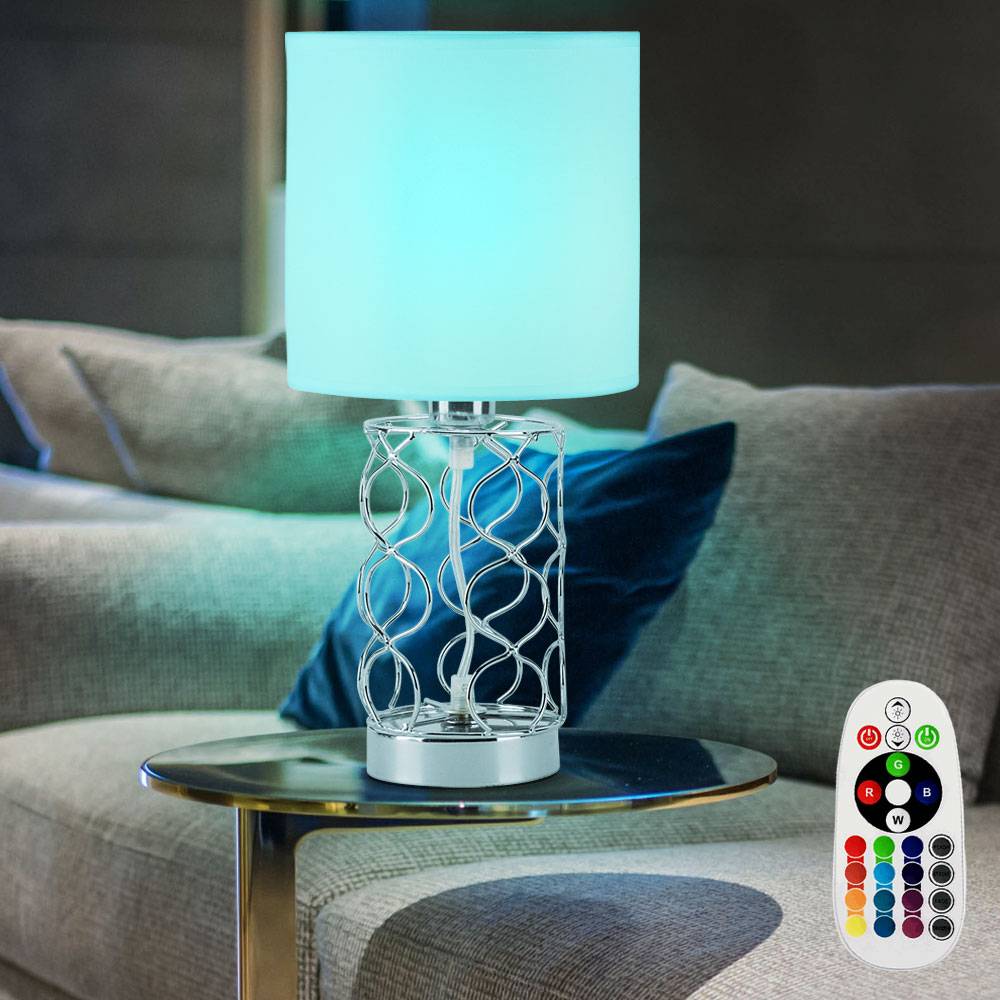 LED Tischlampe Schlafzimmer weiß Nachttischlampe Modern Tischleuchte dimmbar mit Fernbedienung, Farbwechsel, silberner Fuß, Textilschirm Stahl, 3,5W