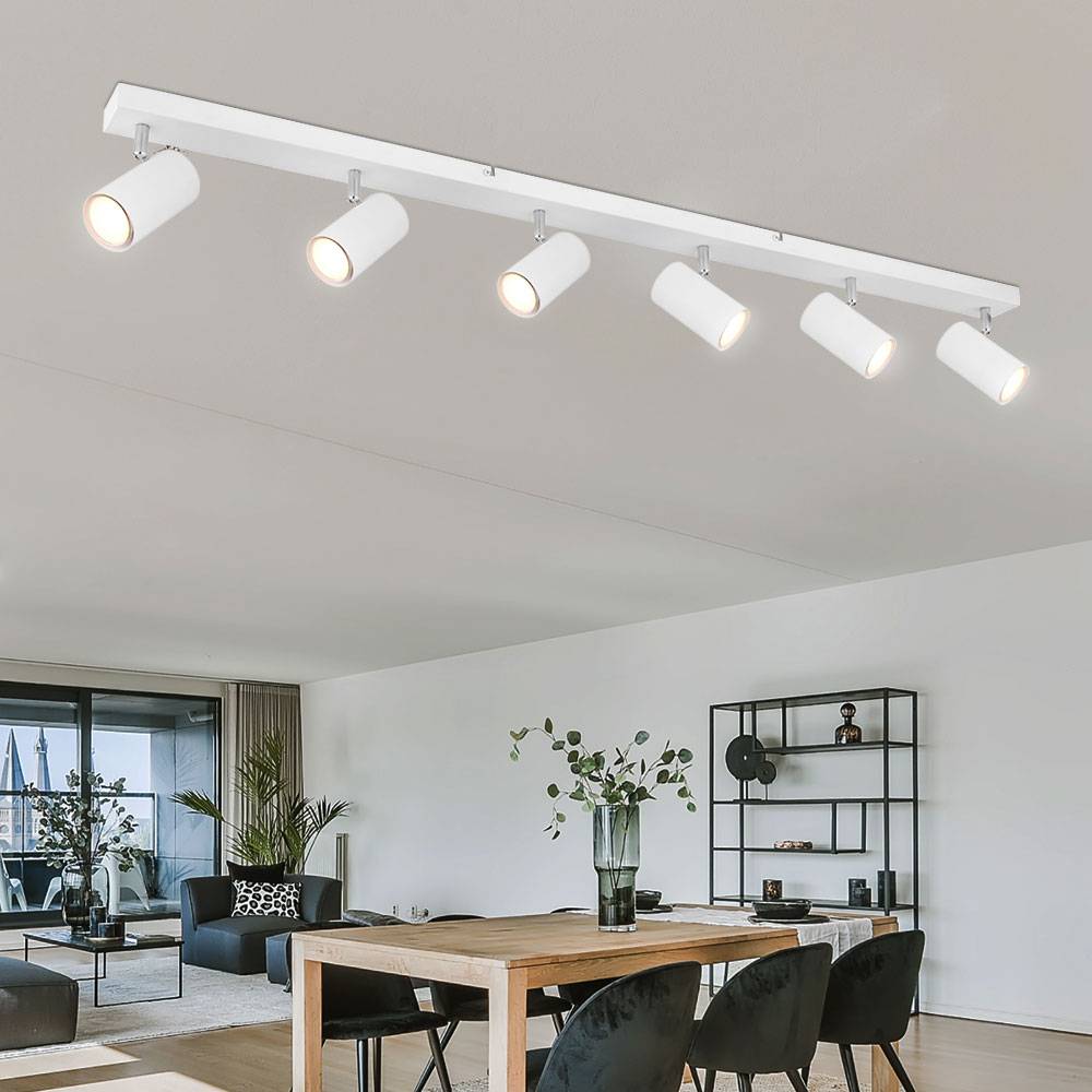 Deckenstrahler Deckenlampe 6 flammig Spotleuchte weiß, Spots beweglich, Wohnzimmerlampe Metall, 6x GU10 Fassungen, LxBxH 115x6x12cm