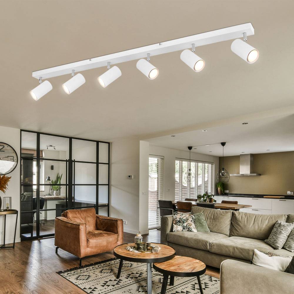 Deckenstrahler Deckenlampe 6 flammig Spotleuchte weiß, Spots beweglich, Wohnzimmerlampe Metall, 6x GU10 Fassungen, LxBxH 115x6x12cm