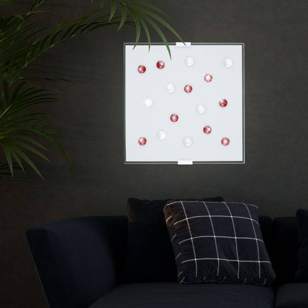 LED Deckenleuchte Glas Wohnzimmerleuchte quadratisch Modern Deckenlampe Glassteine rot, Stahl weiß, 12W 1020Lm warmweiß, LxBxH 29x29x7,5 cm