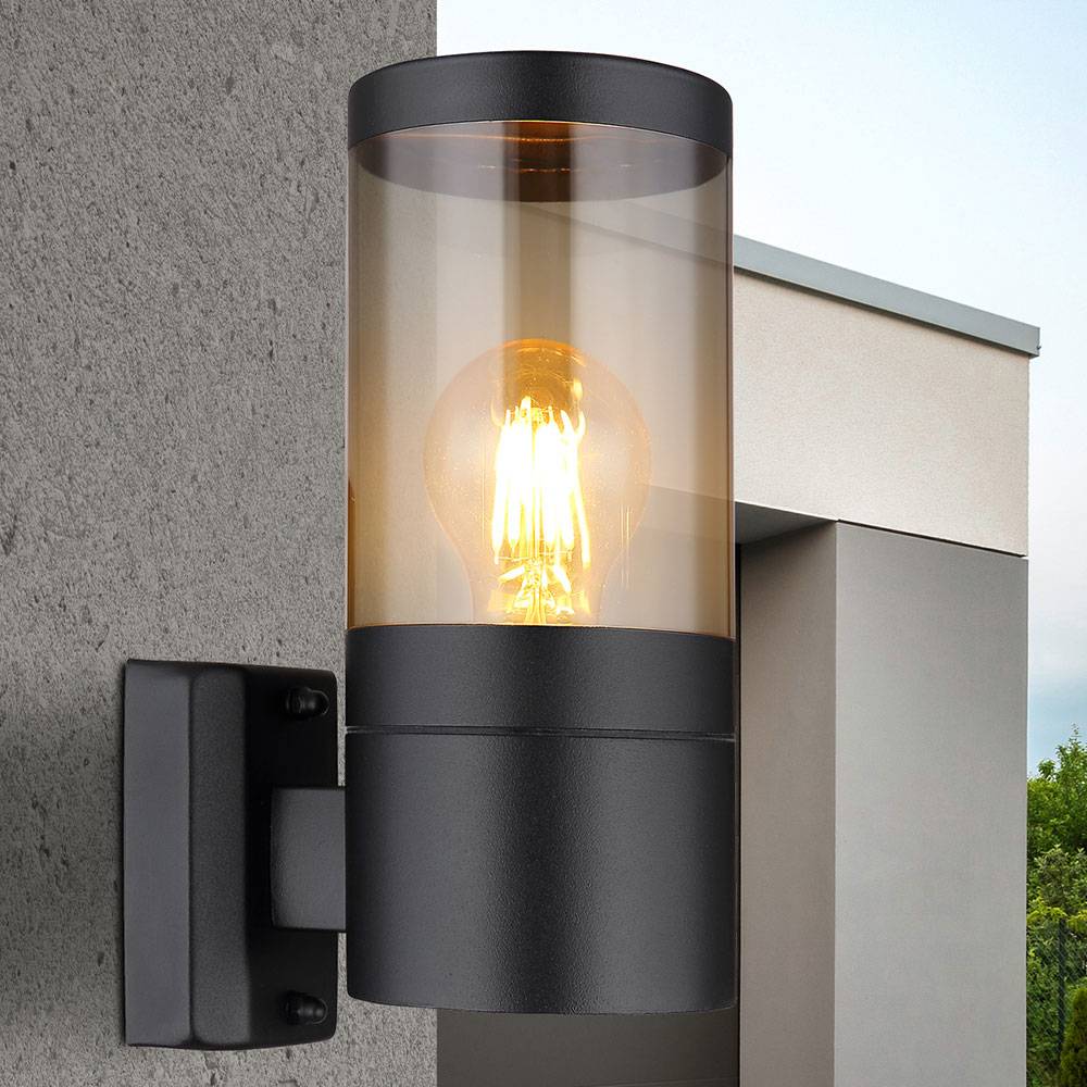 Aussen Wandleuchte Edelstahl Außen Aussenlampen Haus Wandleuchten Edelstahl, schwarz rauch, 1x E27 Fassung, LxBxH 15,5x10,2x24 cm