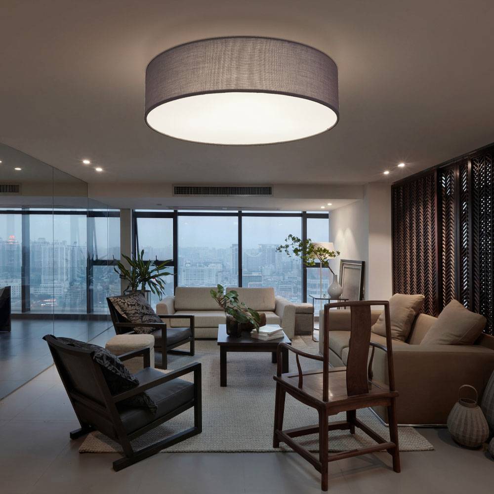 Deckenleuchte Stoff anthrazit Lampe Wohnzimmer Beleuchtung Deckenleuchte Schlafzimmer Modern, Textil anthrazit weiß, rund, 3x E27, DxH 40x10 cm