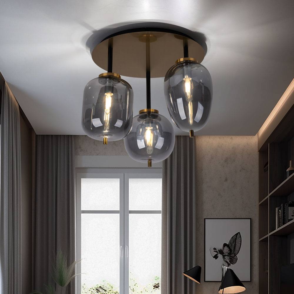 Deckenlampe Glas 3 flammig Lampenschirm Deckenleuchte Glas Wohnzimmerlampe Messing, Metall Glas messingfarbig, 3x E14 Fassungen, DxH 46x36 cm