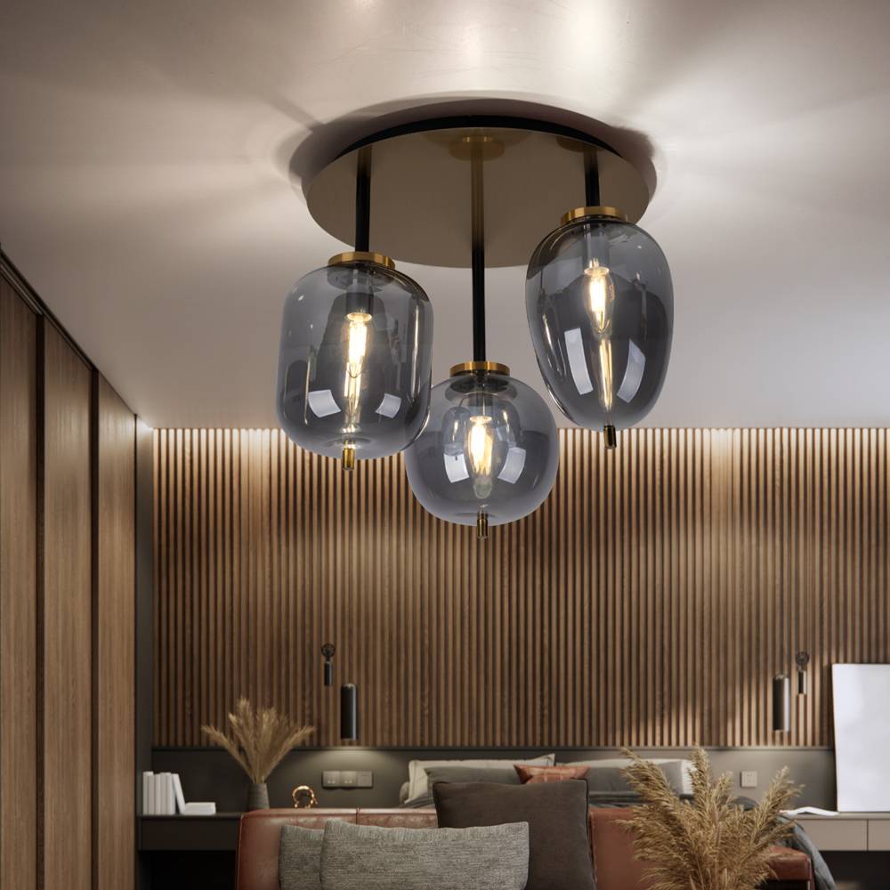 Deckenlampe Glas 3 flammig Lampenschirm Deckenleuchte Glas Wohnzimmerlampe Messing, Metall Glas messingfarbig, 3x E14 Fassungen, DxH 46x36 cm