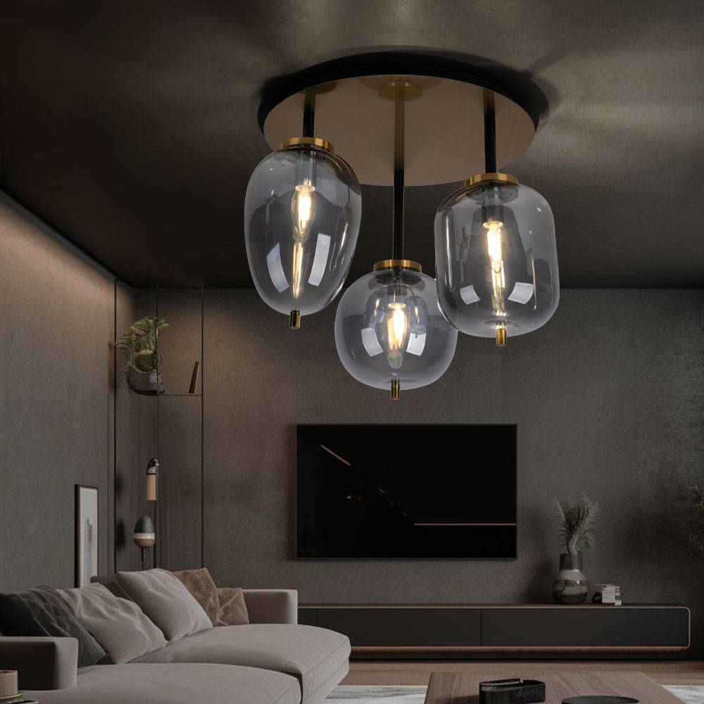 Deckenleuchte Glas Deckenlampe 3 flammig Lampenschirm Glas Wohnzimmerlampe Messing, Metall Glas messingfarbig, 3x E14 Fassungen, DxH 46x36 cm