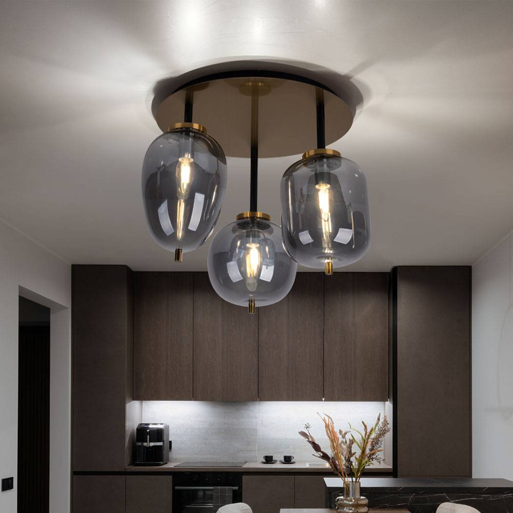 Deckenleuchte Glas Deckenlampe 3 flammig Lampenschirm Glas Wohnzimmerlampe Messing, Metall Glas messingfarbig, 3x E14 Fassungen, DxH 46x36 cm