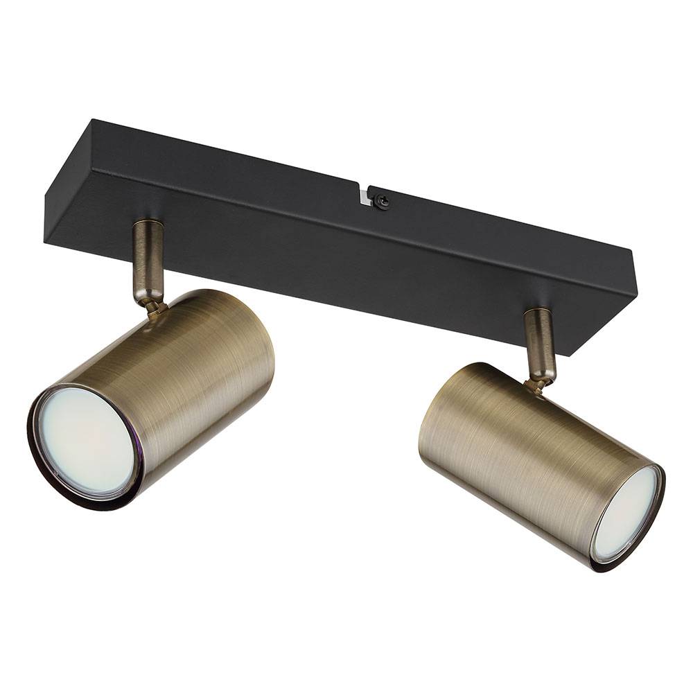Deckenstrahler Spotleiste Schlafzimmerlampe, 2-flammig, Retrodesign, Strahler beweglich, Metall Messing, schwarz, 2x GU10 Fassung, LxBxH 26x6x12 cm