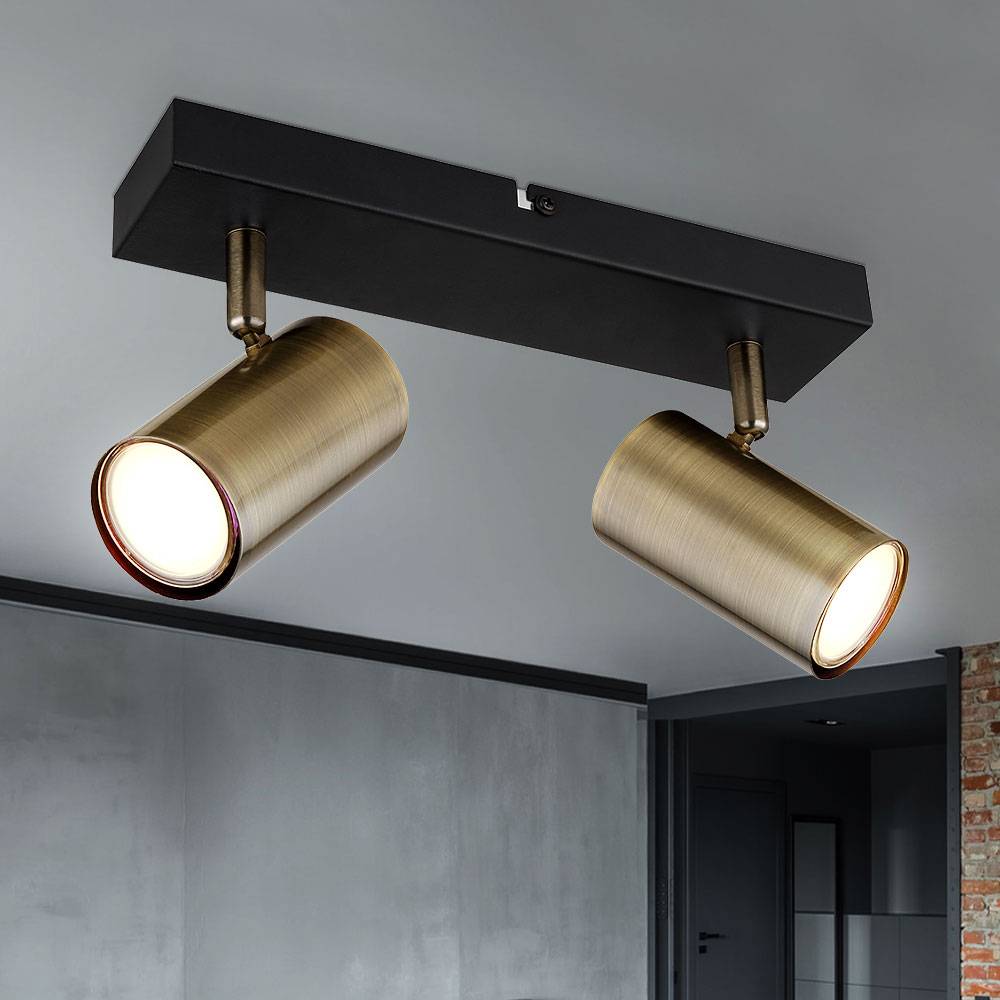 Deckenstrahler Spotleiste Schlafzimmerlampe, 2-flammig, Retrodesign, Strahler beweglich, Metall Messing, schwarz, 2x GU10 Fassung, LxBxH 26x6x12 cm