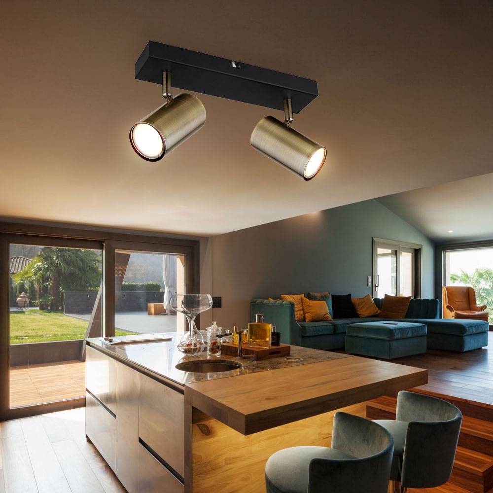 Deckenstrahler Spotleiste Schlafzimmerlampe, 2-flammig, Retrodesign, Strahler beweglich, Metall Messing, schwarz, 2x GU10 Fassung, LxBxH 26x6x12 cm