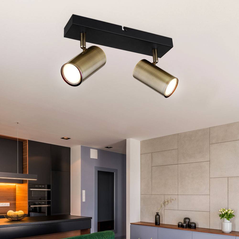 Deckenstrahler Spotleiste Schlafzimmerlampe, 2-flammig, Retrodesign, Strahler beweglich, Metall Messing, schwarz, 2x GU10 Fassung, LxBxH 26x6x12 cm