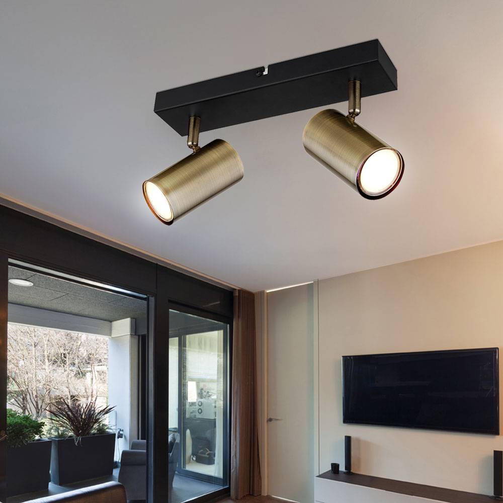 Deckenstrahler Spotleiste Schlafzimmerlampe, 2-flammig, Retrodesign, Strahler beweglich, Metall Messing, schwarz, 2x GU10 Fassung, LxBxH 26x6x12 cm