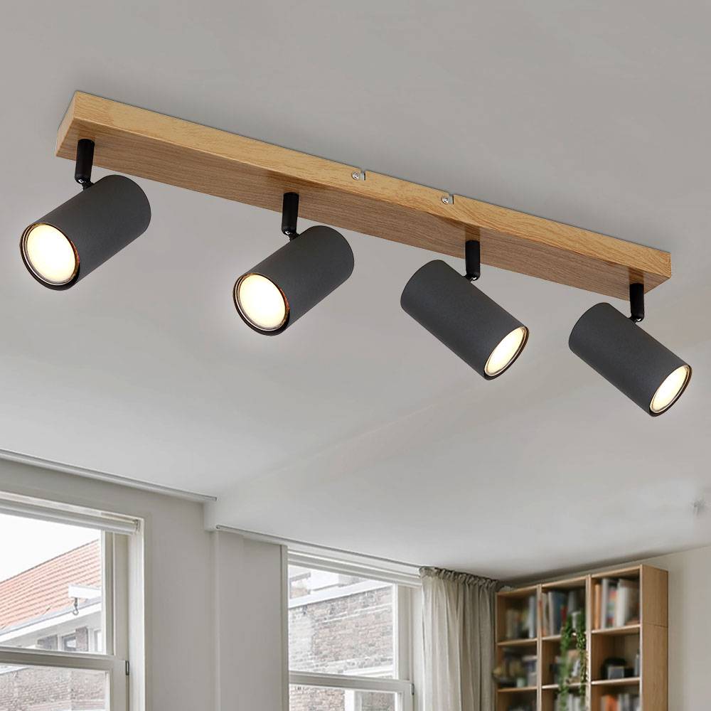 Deckenstrahler 4 Flammig Holzoptik Deckenleuchte GU10 Deckenlampe Wohnzimmer mit schwenkbaren Spots, Metall, 4x GU10, LxBxH 56x6x12 cm