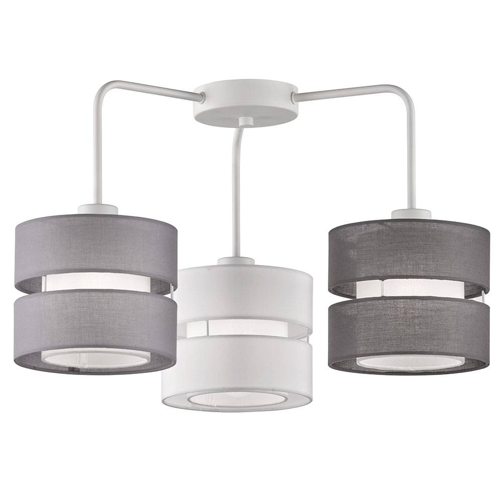 Deckenleuchte Lampe Esszimmerleuchte 3 flammig Stoffschirm Schlafzimmerlampe, Metall Stoff grau weiß, 3x E27 Fassungen, LxBxH 56x56x35 cm