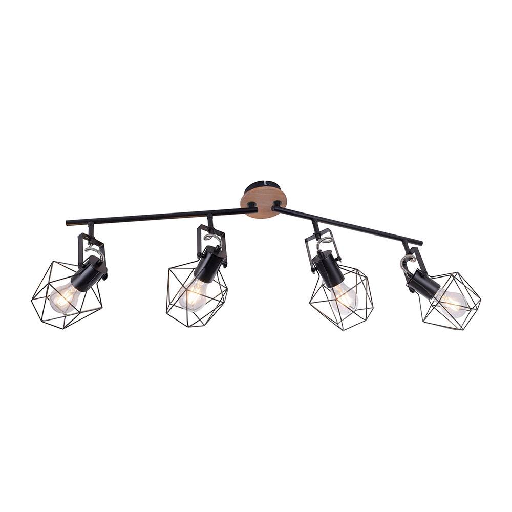 Vintage Deckenlampe Spotleuchte Wohnzimmerlampe Retro Deckenleuchte 4 flammig, Spots beweglich, Holzoptik Metallgeflecht schwarz, 4x E27 Fassungen