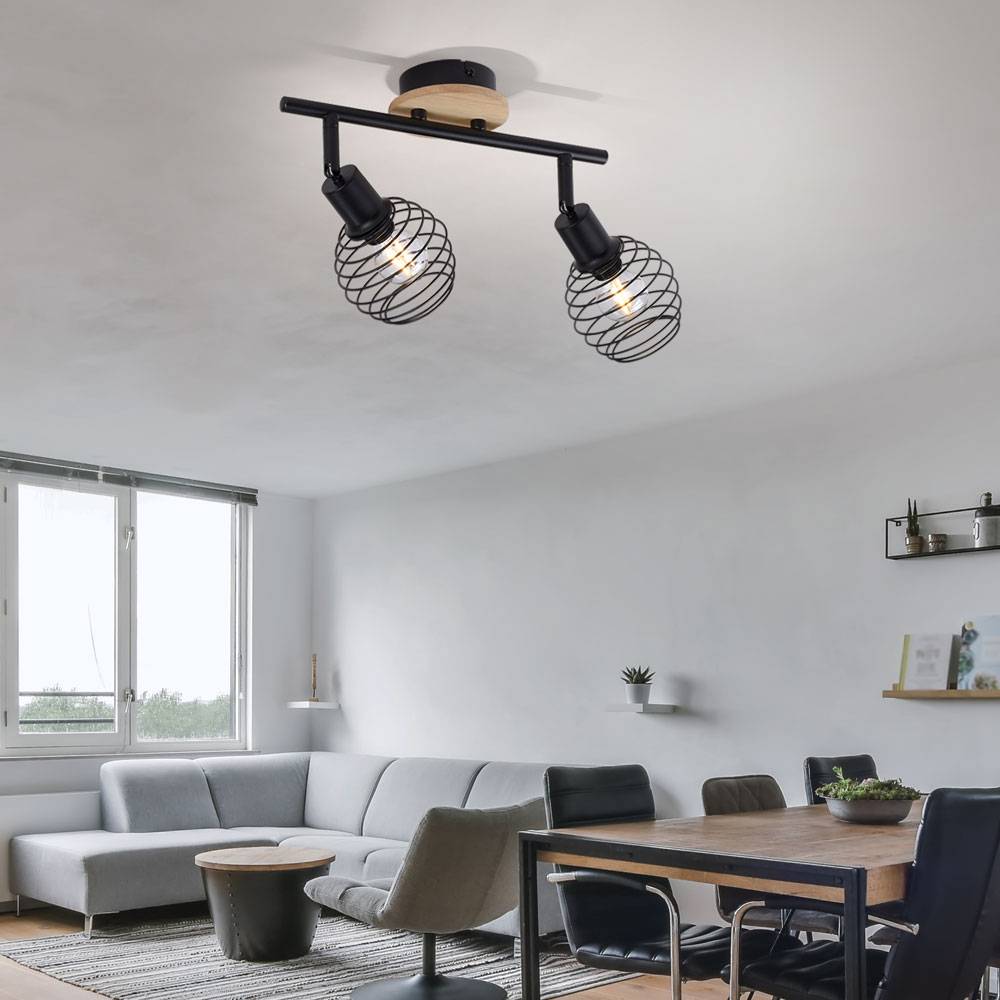 Deckenstrahler 2 Flammig schwarz Spots Deckenleuchte schwarz Deckenlampe schwenkbar, Holzakzent, Käfigschirme, 2x E14 Fassungen, L 50 cm