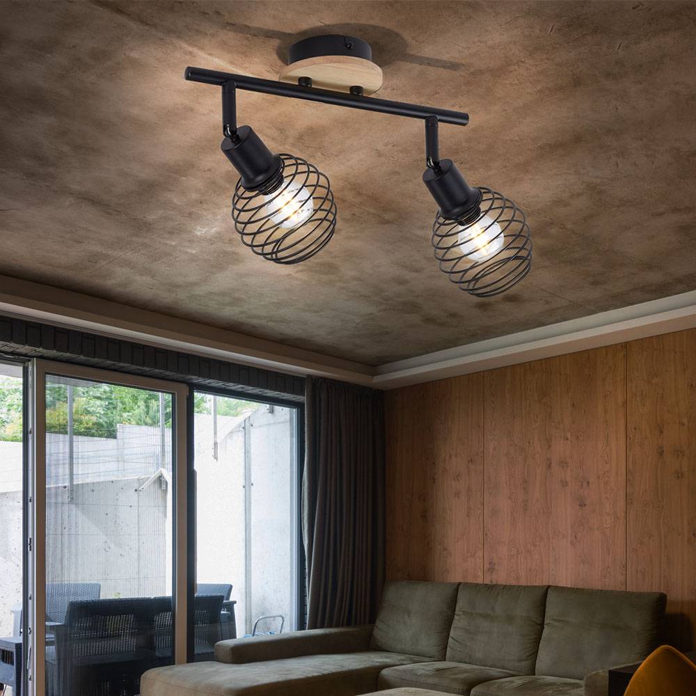 Deckenstrahler 2 Flammig schwarz Spots Deckenleuchte schwarz Deckenlampe schwenkbar, Holzakzent, Käfigschirme, 2x E14 Fassungen, L 50 cm
