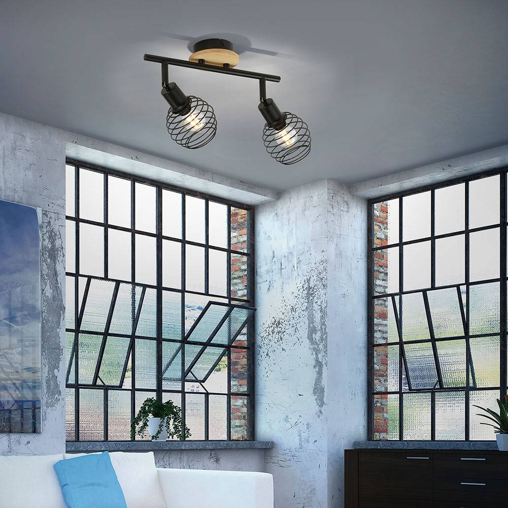 Deckenstrahler 2 Flammig schwarz Spots Deckenleuchte schwarz Deckenlampe schwenkbar, Holzakzent, Käfigschirme, 2x E14 Fassungen, L 50 cm