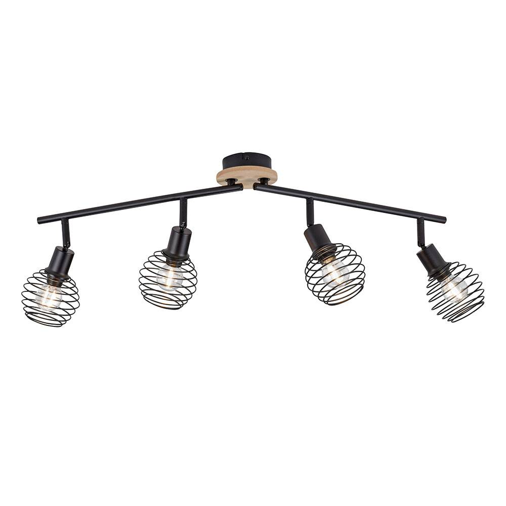 Deckenstrahler 4 Flammig schwarz Spots Deckenleuchte schwarz Deckenlampe schwenkbar, Holzakzent, Käfigschirme, 4x E14 Fassungen, L 92 cm