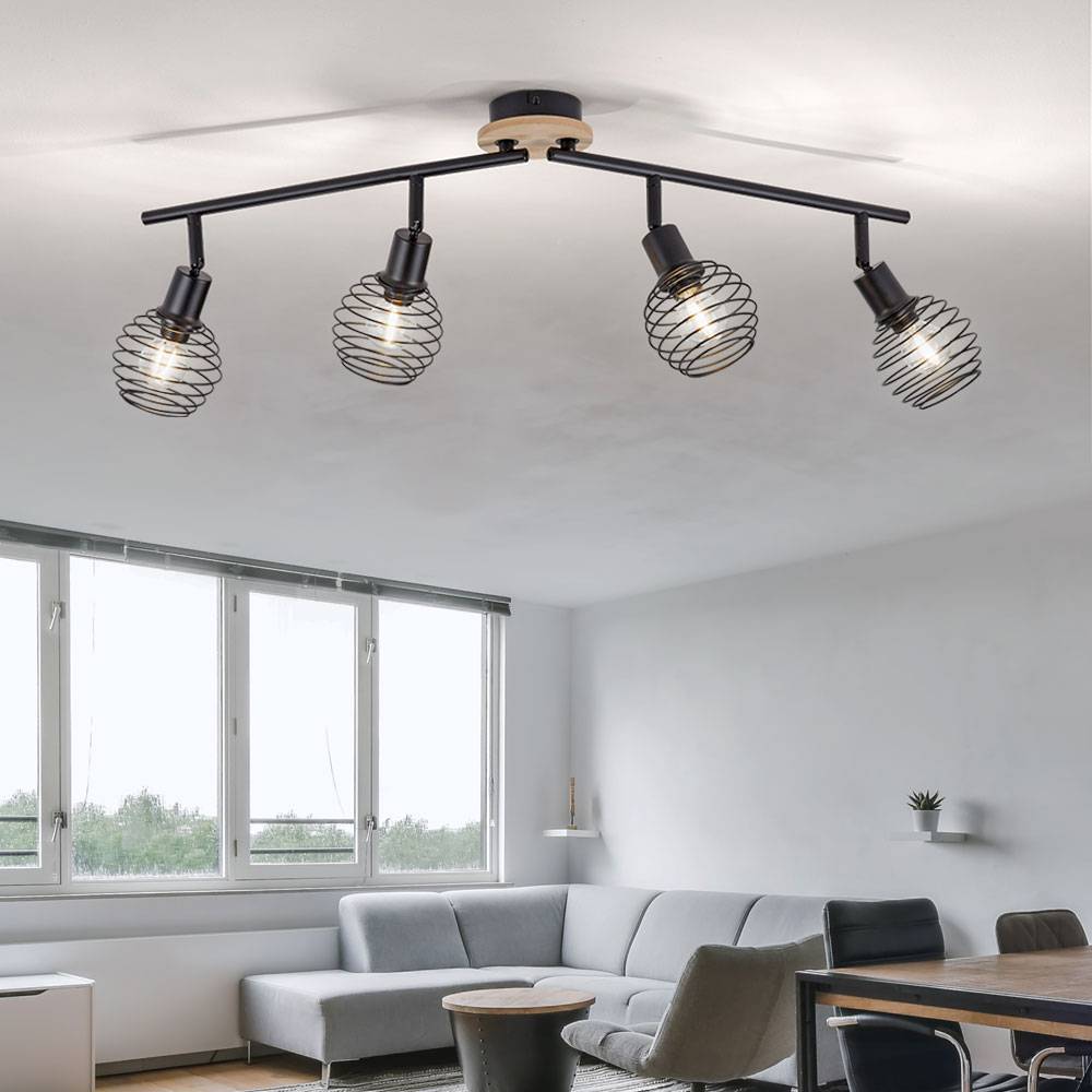 Deckenstrahler 4 Flammig schwarz Spots Deckenleuchte schwarz Deckenlampe schwenkbar, Holzakzent, Käfigschirme, 4x E14 Fassungen, L 92 cm