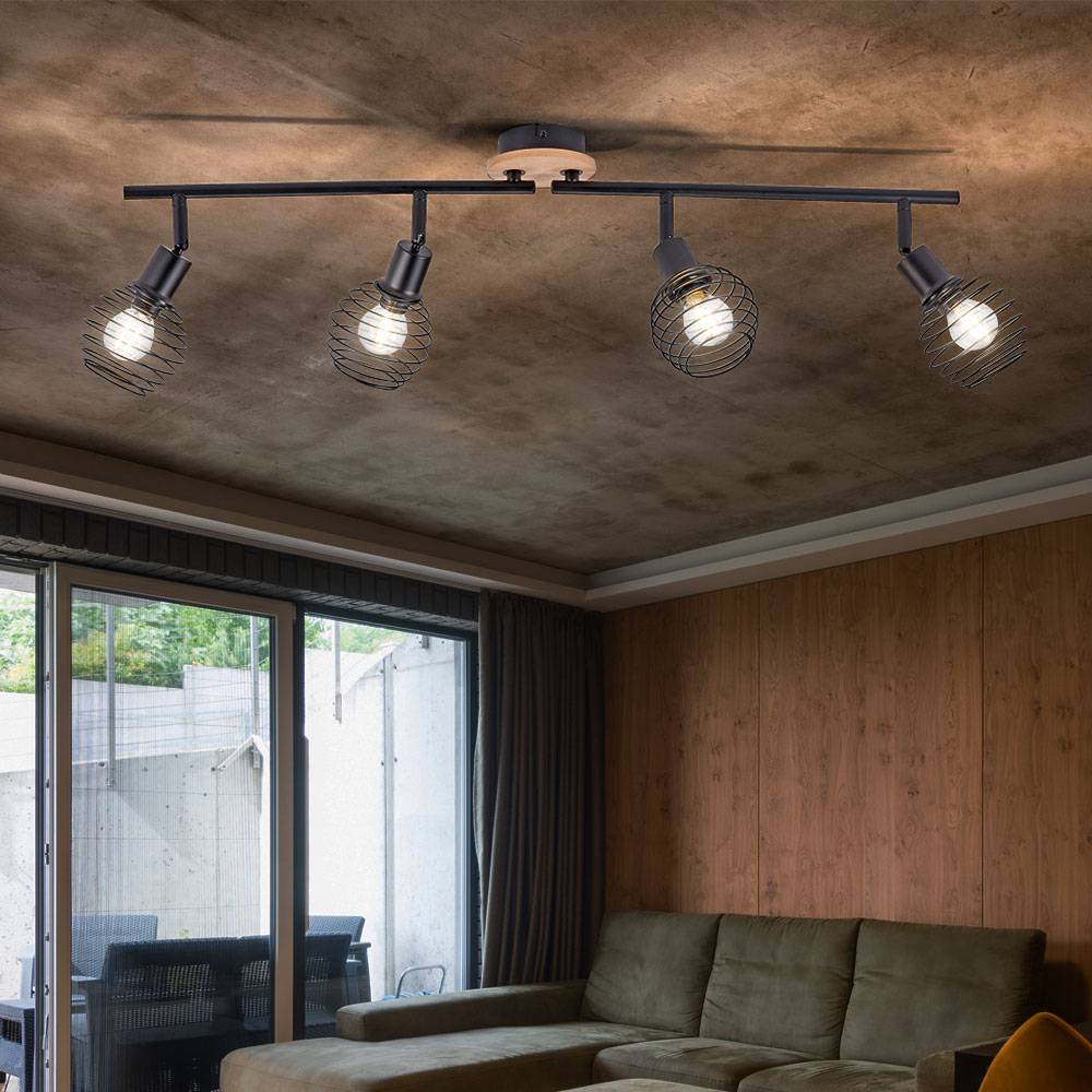Deckenstrahler 4 Flammig schwarz Spots Deckenleuchte schwarz Deckenlampe schwenkbar, Holzakzent, Käfigschirme, 4x E14 Fassungen, L 92 cm