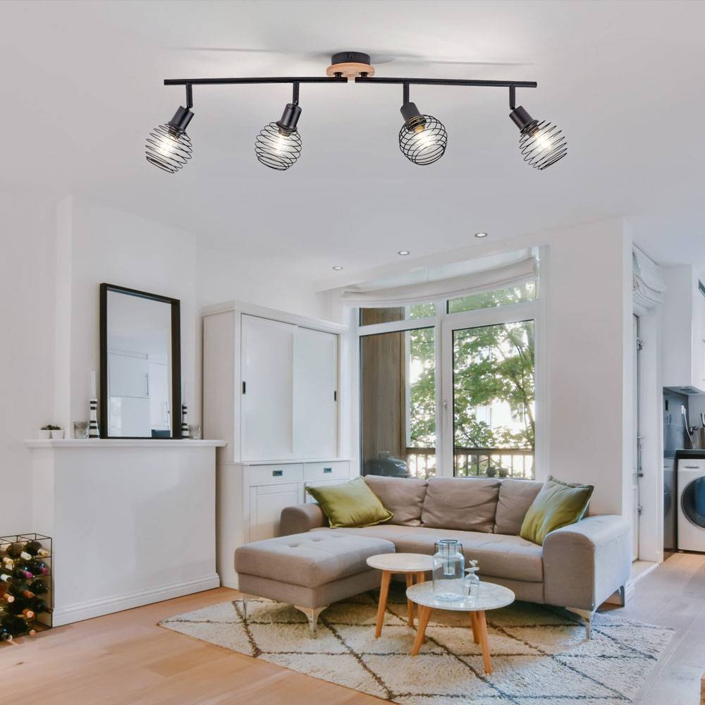 Deckenstrahler 4 Flammig schwarz Spots Deckenleuchte schwarz Deckenlampe schwenkbar, Holzakzent, Käfigschirme, 4x E14 Fassungen, L 92 cm