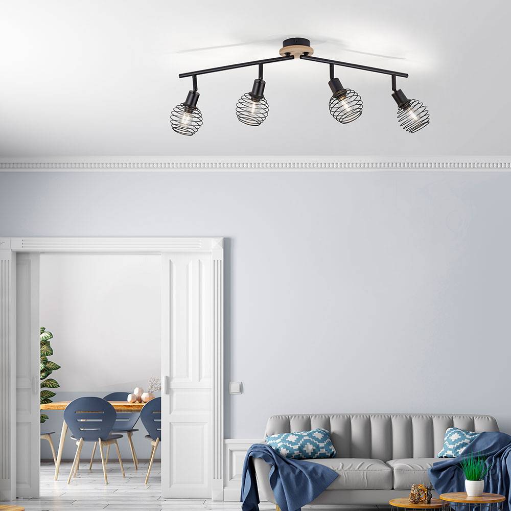 Deckenstrahler 4 Flammig schwarz Spots Deckenleuchte schwarz Deckenlampe schwenkbar, Holzakzent, Käfigschirme, 4x E14 Fassungen, L 92 cm