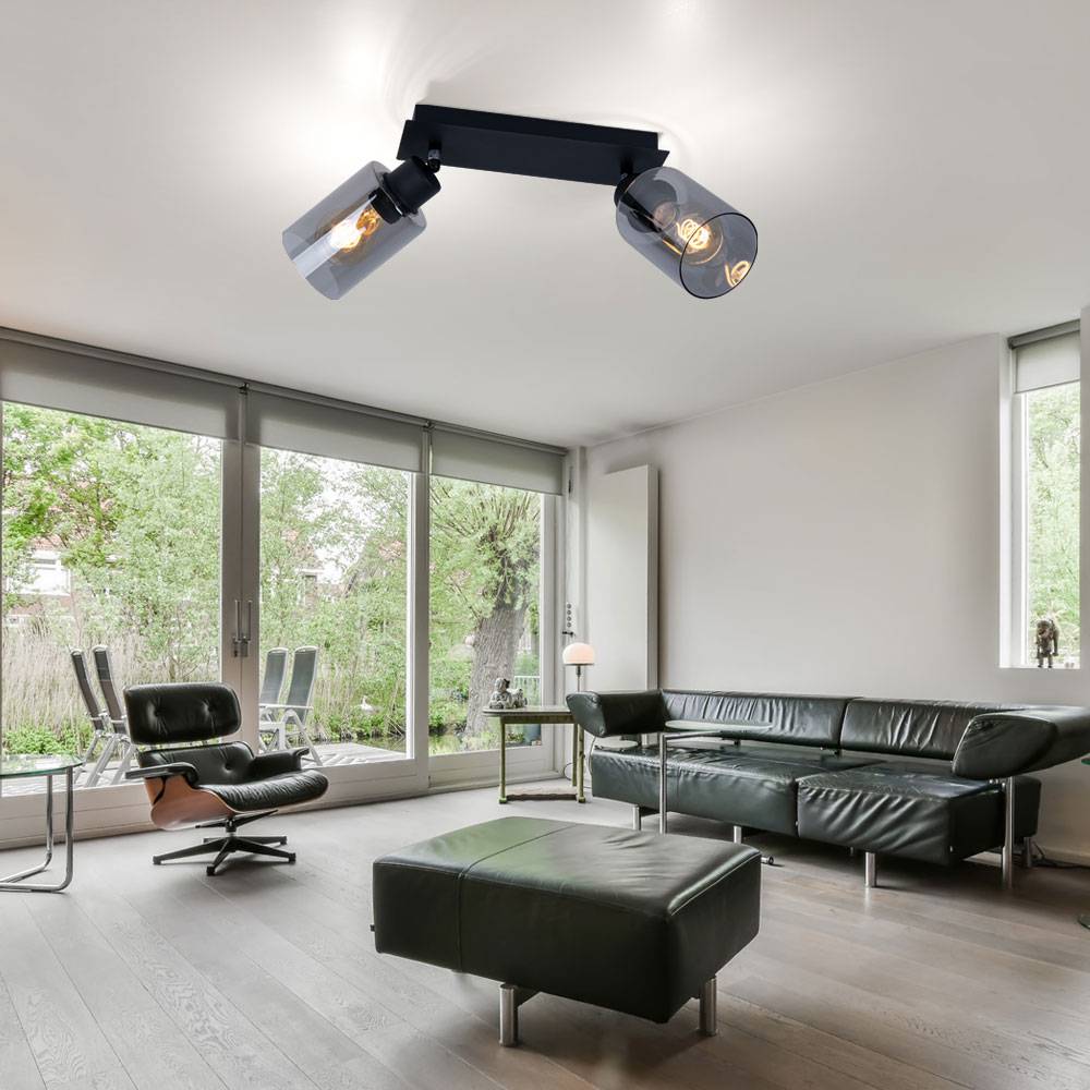 Deckenlampe Spotleuchte Deckenleuchte Esszimmer Glaslampe rauchfarben 2 flammig zum verstellen, Metall, 2x E27 Fassungen, LxBxH 27x9x21,5 cm