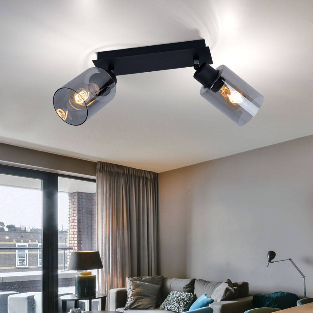Deckenlampe Spotleuchte Deckenleuchte Esszimmer Glaslampe rauchfarben 2 flammig zum verstellen, Metall, 2x E27 Fassungen, LxBxH 27x9x21,5 cm