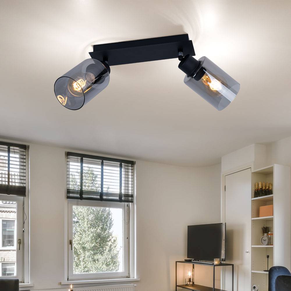 Deckenlampe Spotleuchte Deckenleuchte Esszimmer Glaslampe rauchfarben 2 flammig zum verstellen, Metall, 2x E27 Fassungen, LxBxH 27x9x21,5 cm