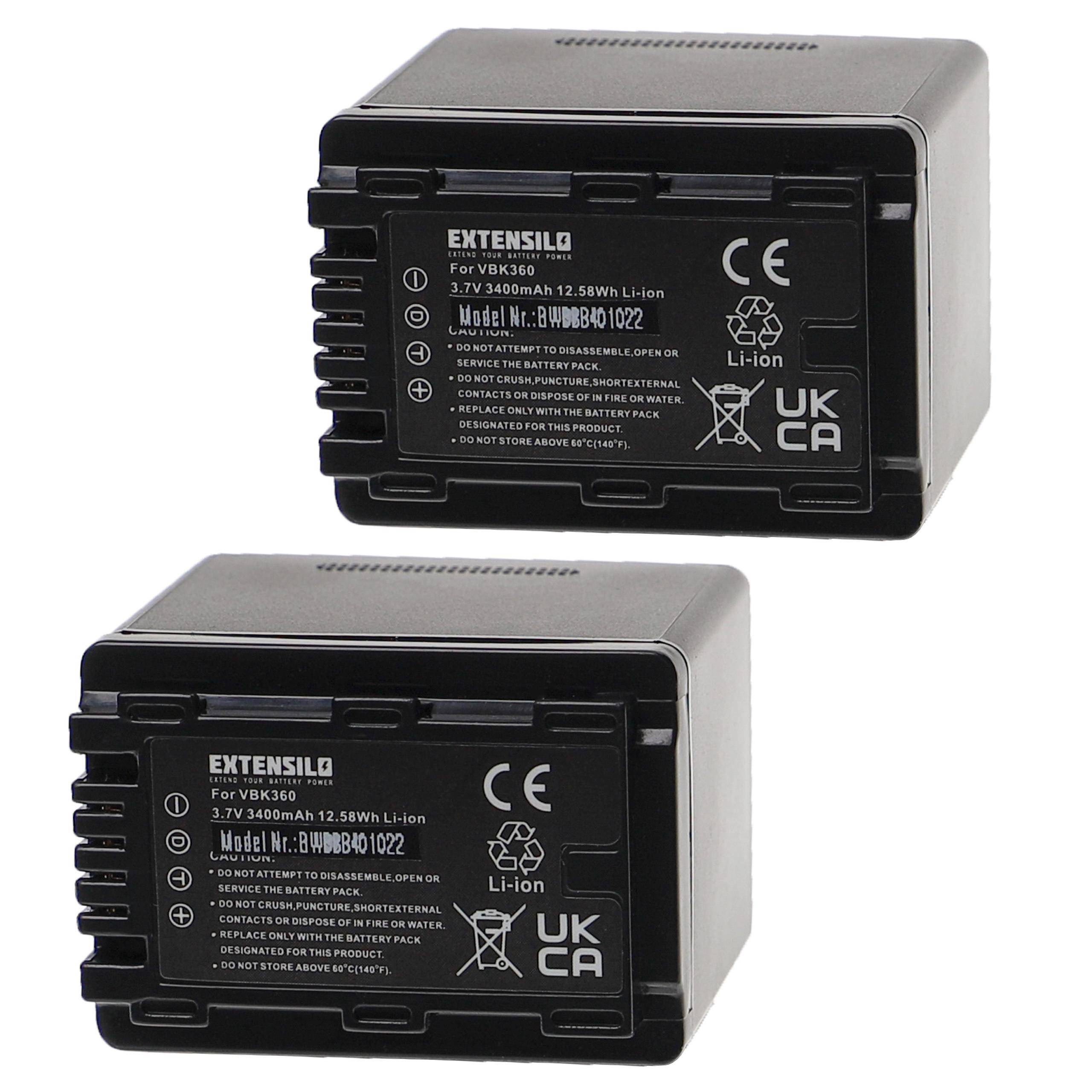 EXTENSILO 2x Akku Ersatz für Panasonic VW-VBK360 für Kamera (3400 mAh, 3,7 V, Li-Ion)