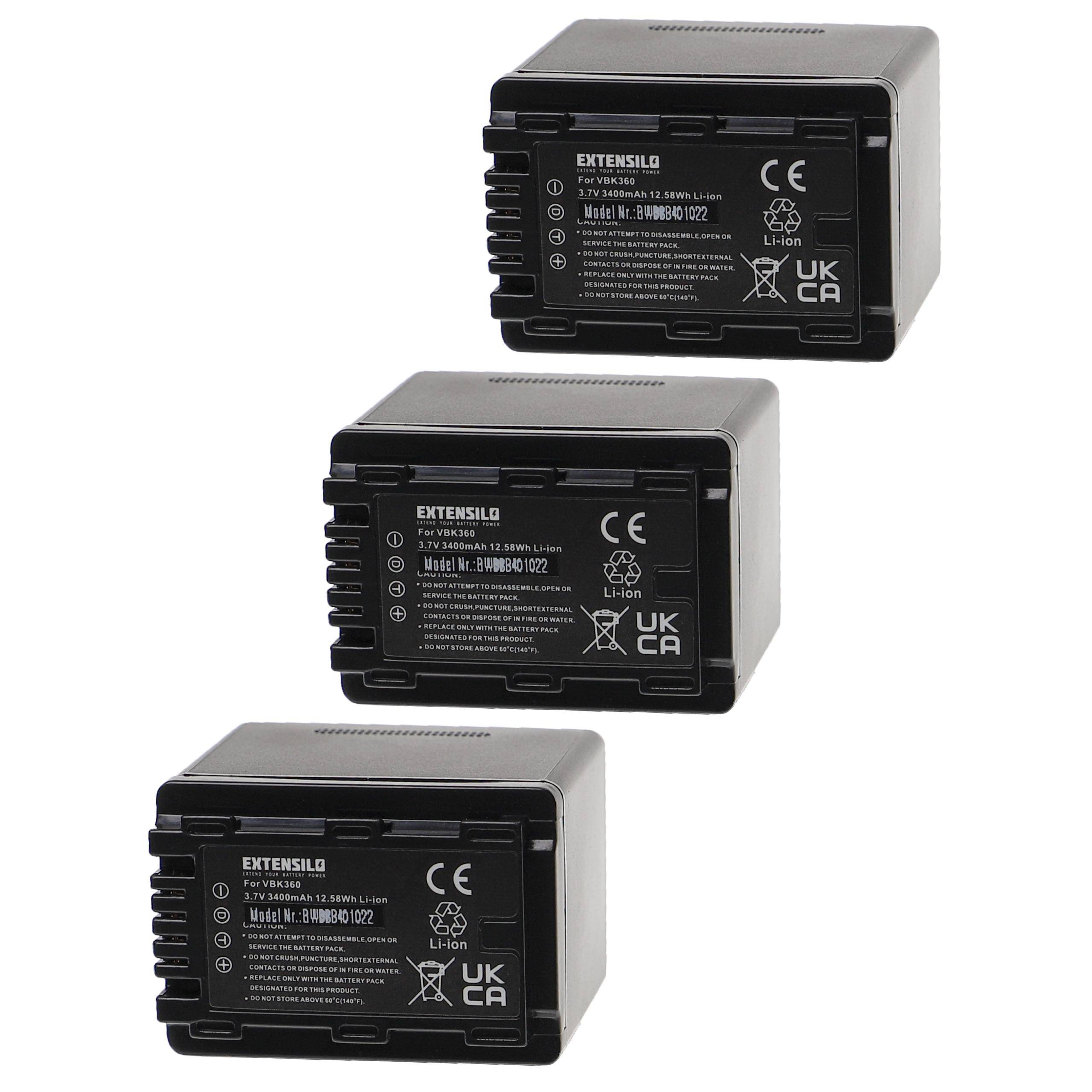 EXTENSILO 3x Akku kompatibel mit Panasonic SDR-S50, SDR-H85S, SDR-S50A, SDR-S50K Kamera (3400mAh, 3,7V, Li-Ion)