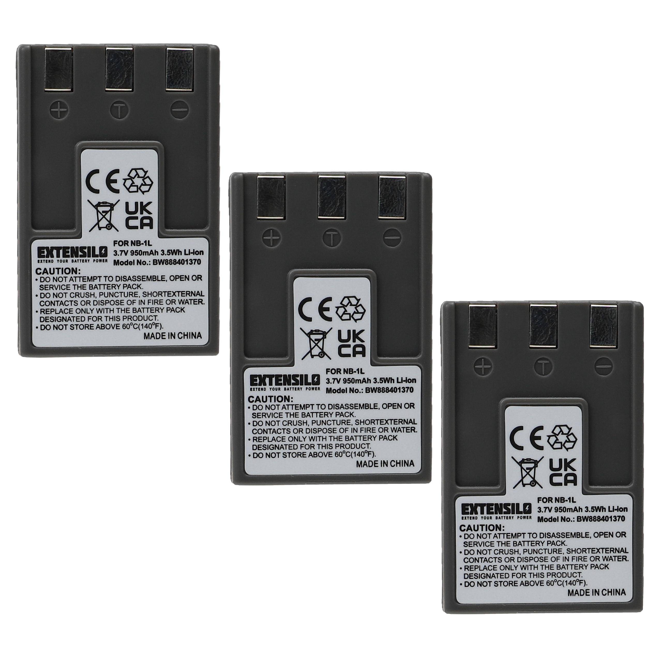EXTENSILO 3x Akku Ersatz für Canon NB-1L, NB-1LH für Kamera (950 mAh, 3,7 V, Li-Ion)