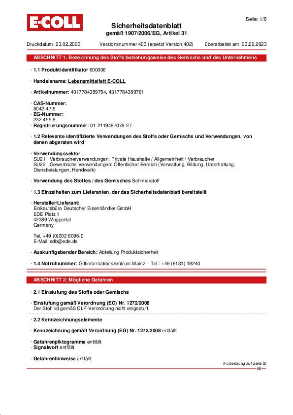 Lebensmittelfett, NSF H1 1kg Dose E-COLL