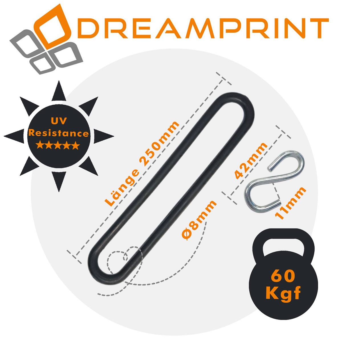 Dreamprint Gummispannringe (25 Stück, 250mm, Ø8mm) + 25 x S-Haken – Spanngummi in Schwarz für Anhängerplanen - Gummiring, Spannring, Gummiband,
