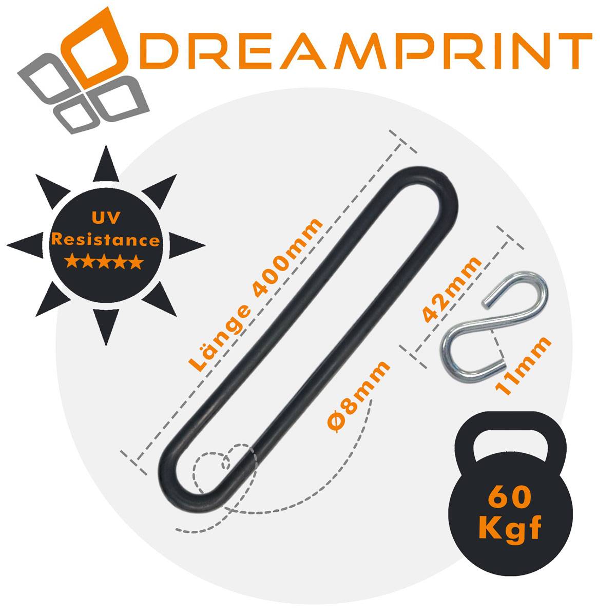 Dreamprint Gummispannringe (50 Stück, 400mm, Ø8mm) + 50 x S-Haken – Spanngummi in Schwarz für Anhängerplanen - Gummiring, Spannring, Gummiband,