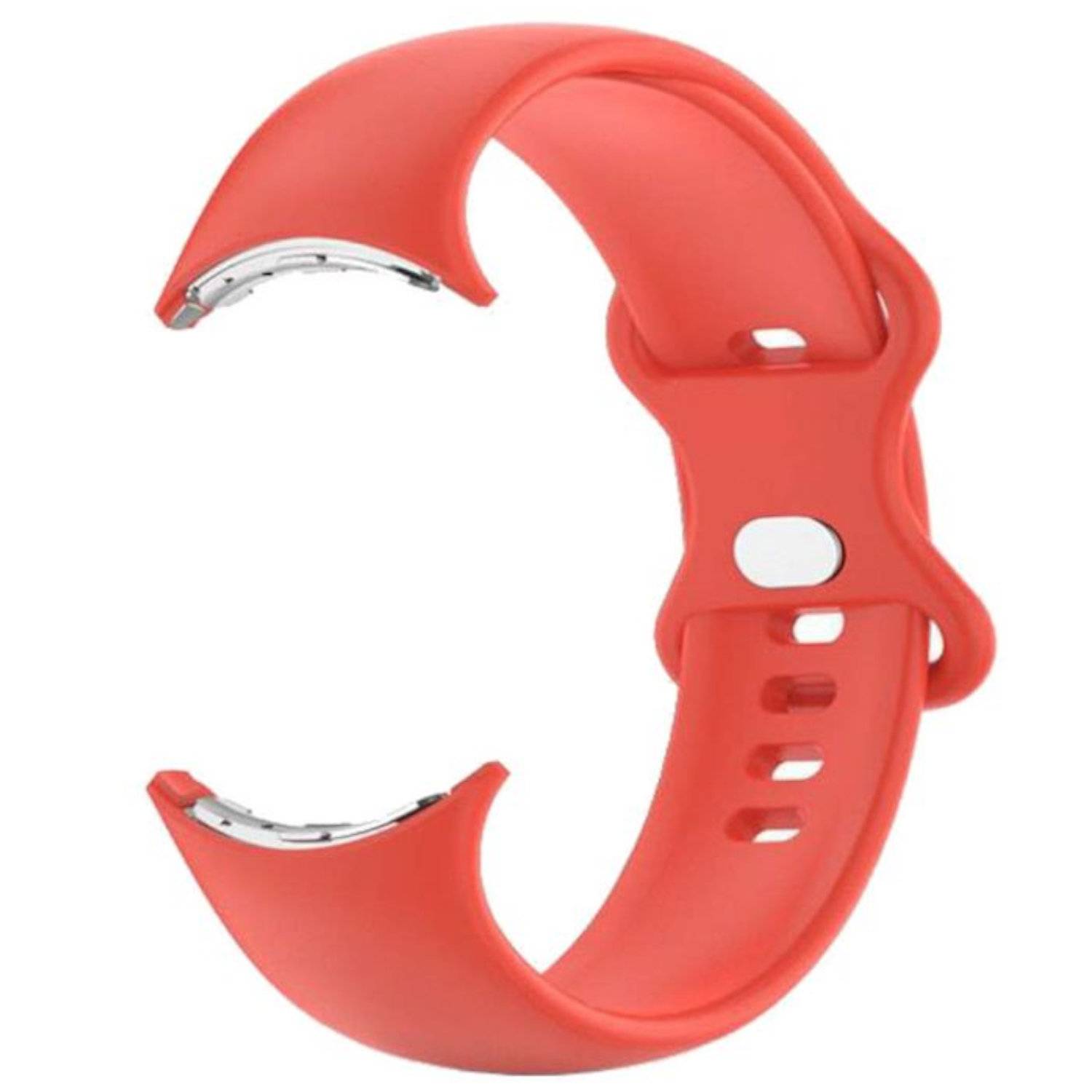 Rotes Silikonarmband mit gebogenem silberfarbenem Verbindungshardware, isoliert auf weißem Hintergrund gezeigt.