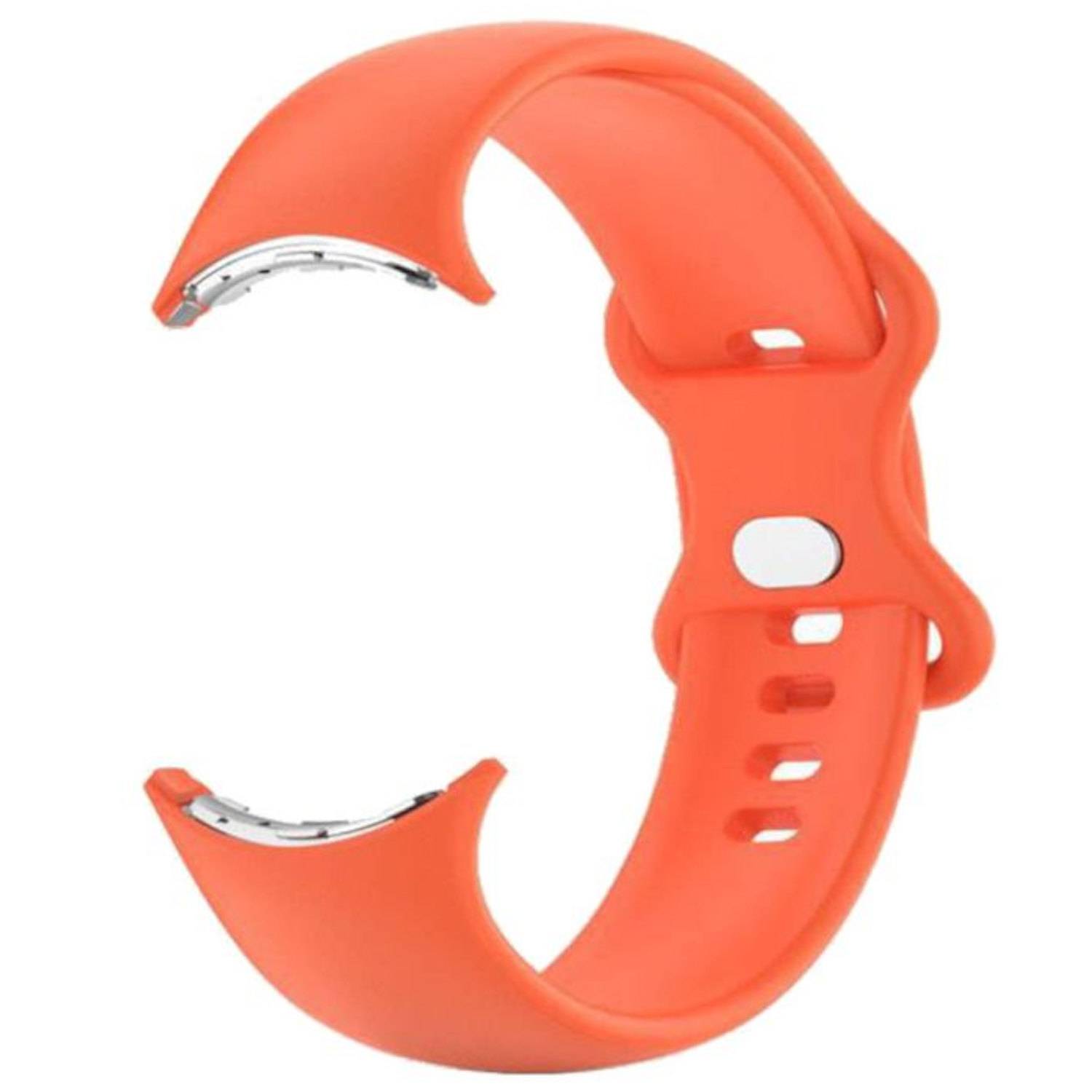 Orange-Silikonarmband mit gekrümmter Metallschließe, isoliert auf weißem Hintergrund dargestellt.