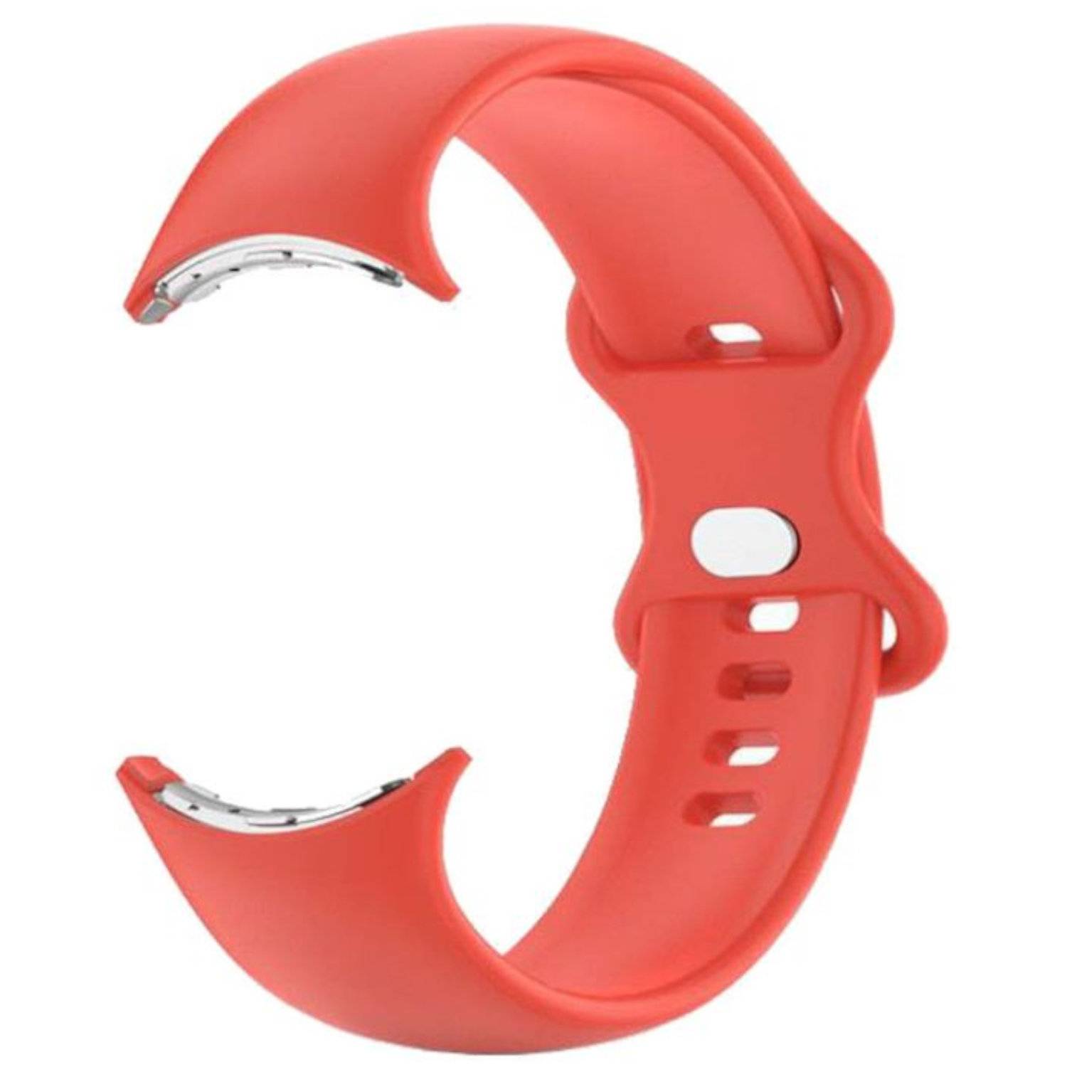 Rotes Silikon-Smartwatch-Armband mit gebogenem Metallverschluss, isoliert auf weißem Hintergrund dargestellt.